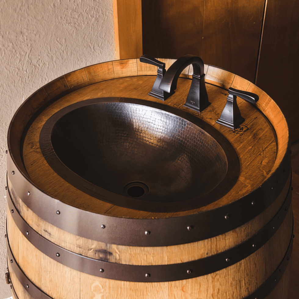Copper Wine Barrel Vanity with Modern Faucet Alpine Wine Design