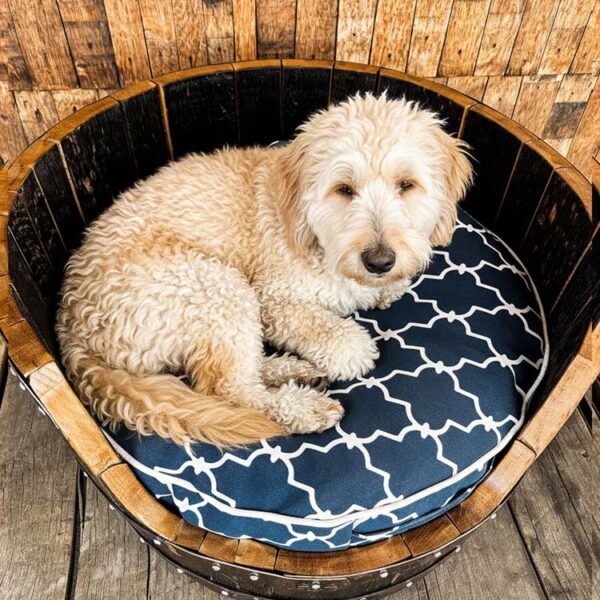 Bourbon Barrel Dog Bed -Blue Link Cushion
