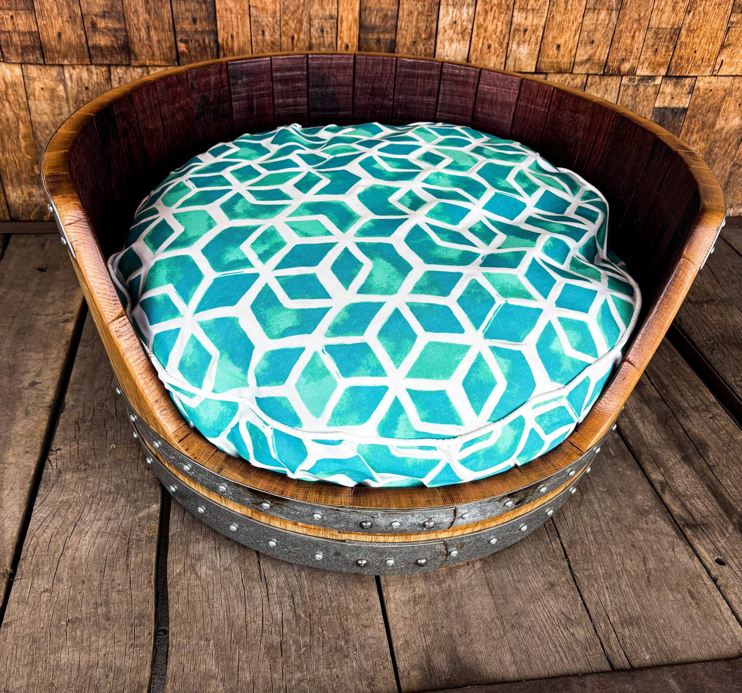 Wine Barrel Dog Bed -Turquoise Cushion - Image 12