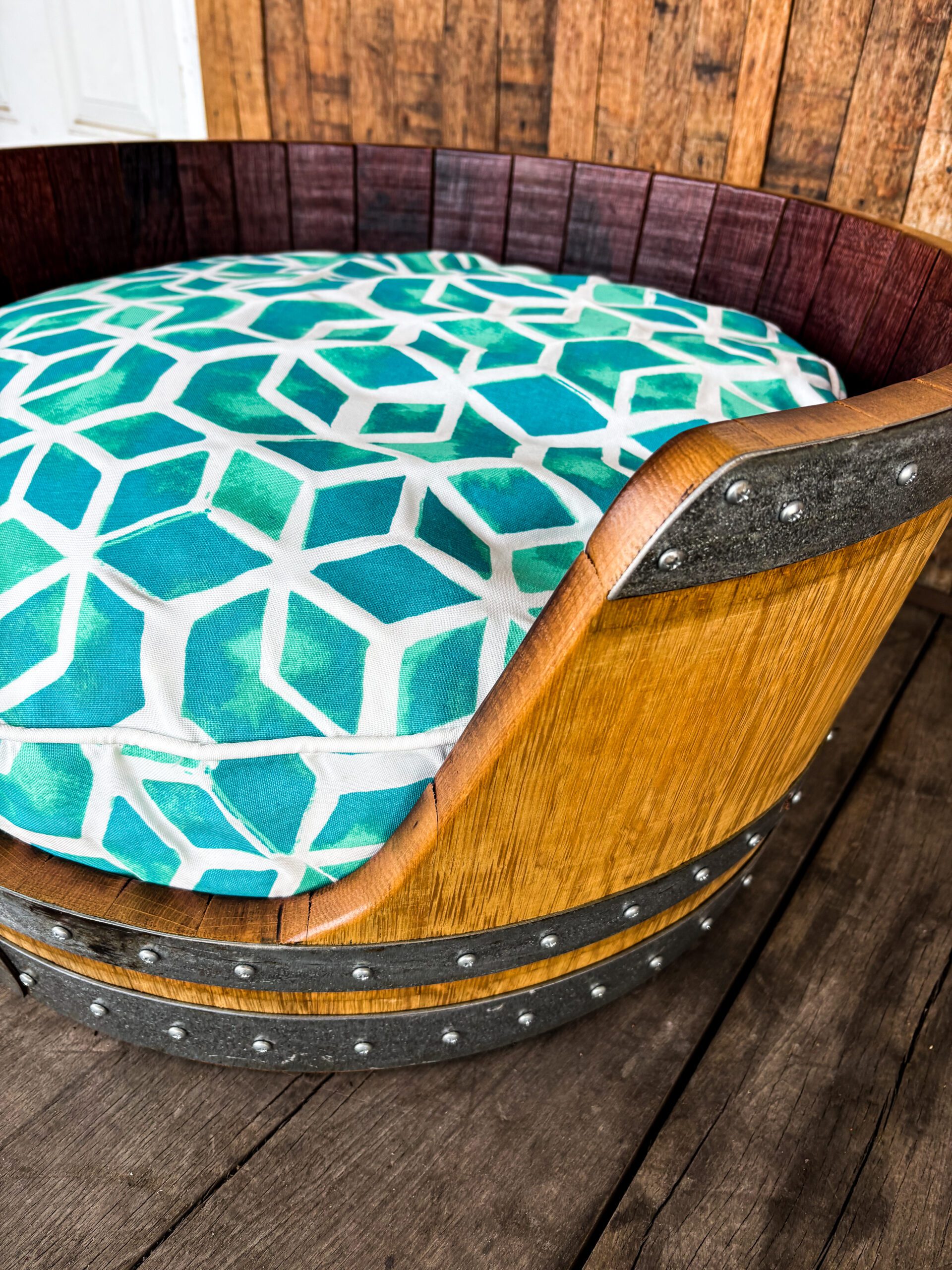 Wine Barrel Dog Bed -Turquoise Cushion - Image 10