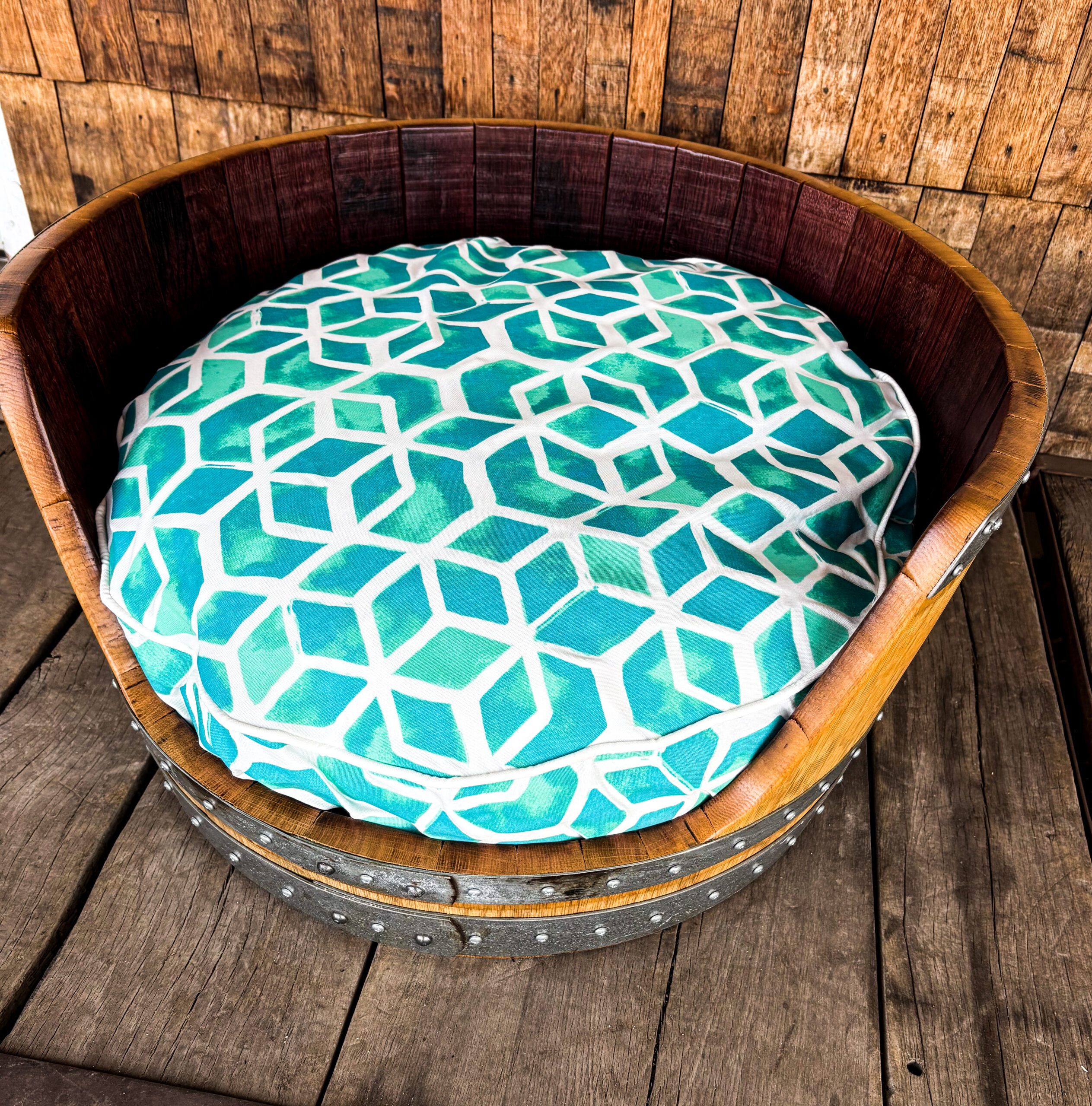 Wine Barrel Dog Bed -Turquoise Cushion - Image 11