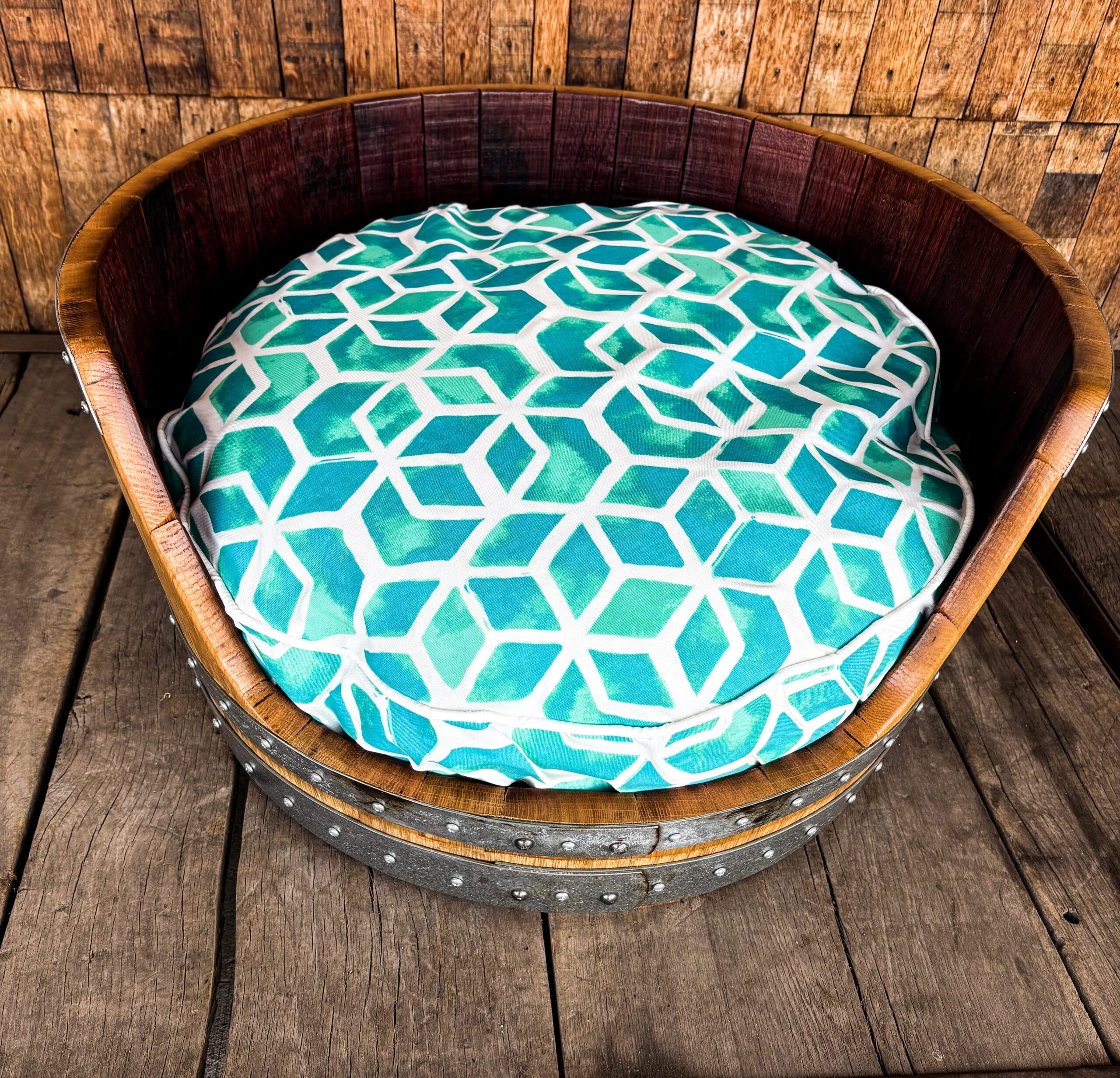 Wine Barrel Dog Bed -Turquoise Cushion - Image 8