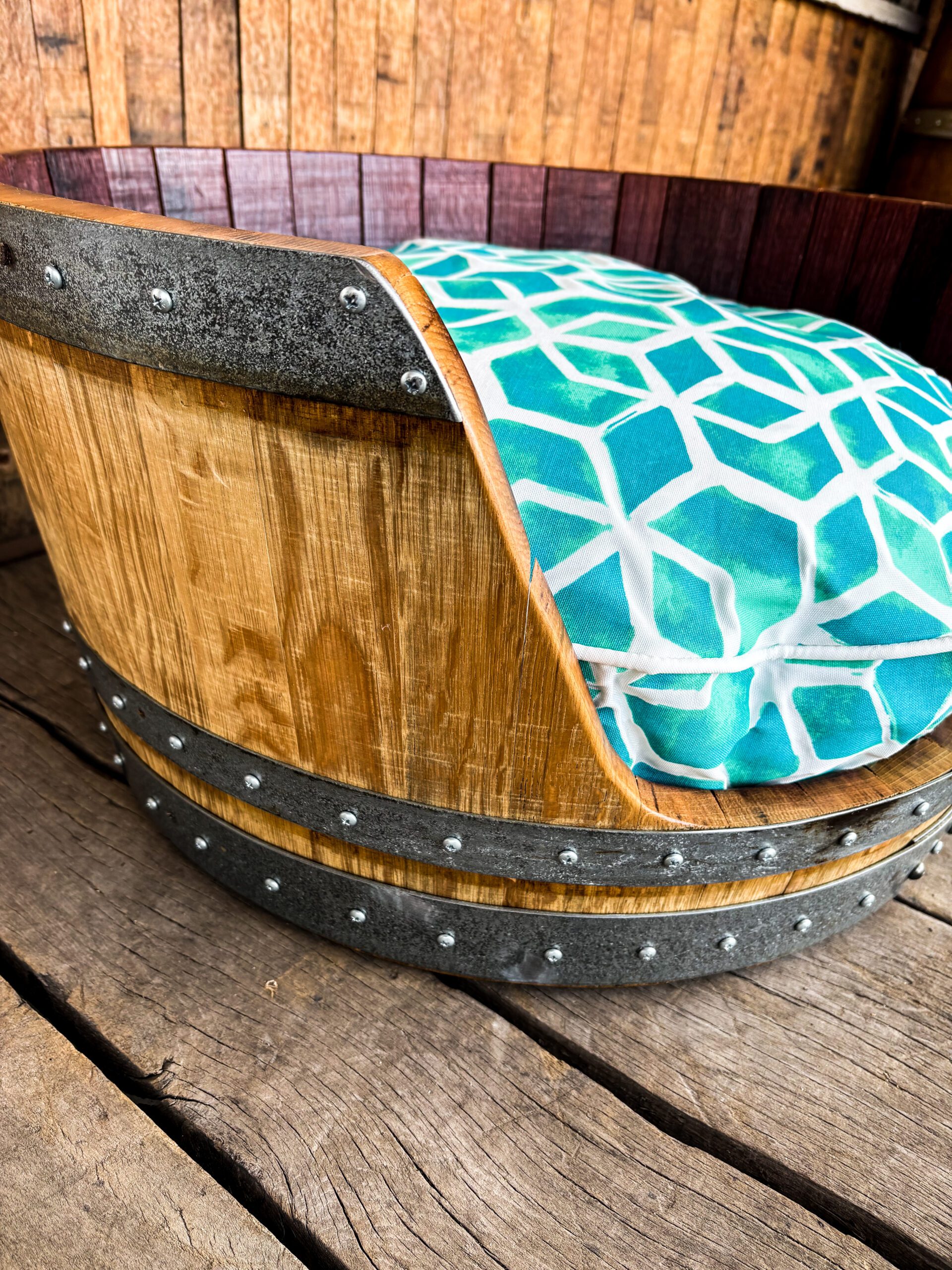 Wine Barrel Dog Bed -Turquoise Cushion - Image 5