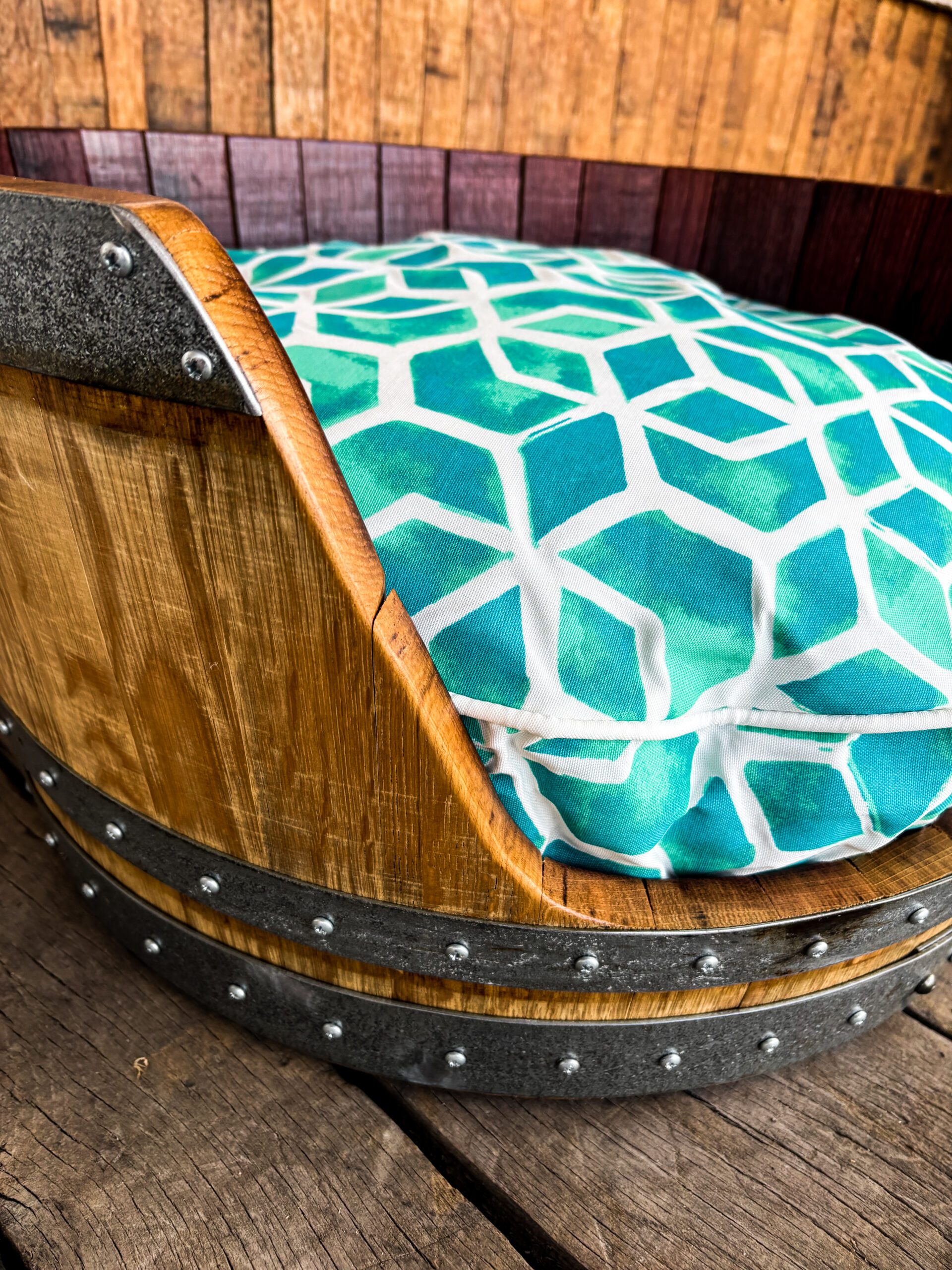 Wine Barrel Dog Bed -Turquoise Cushion - Image 6