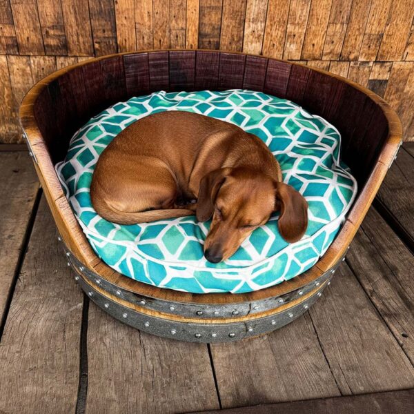 Bourbon Barrel Dog Bed -Turquoise Cushion