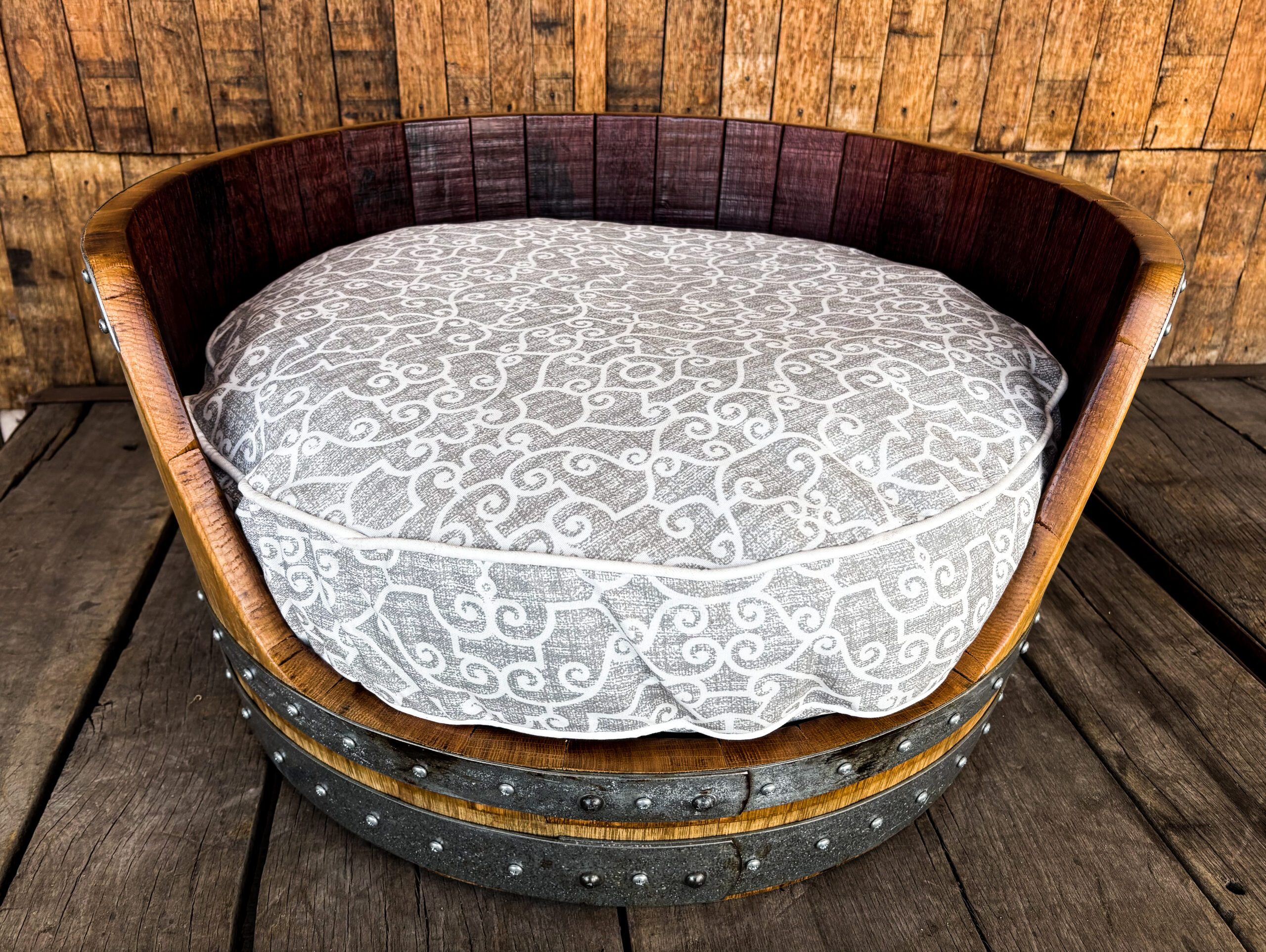 Wine Barrel Dog Bed -Gray Swirl - Image 8