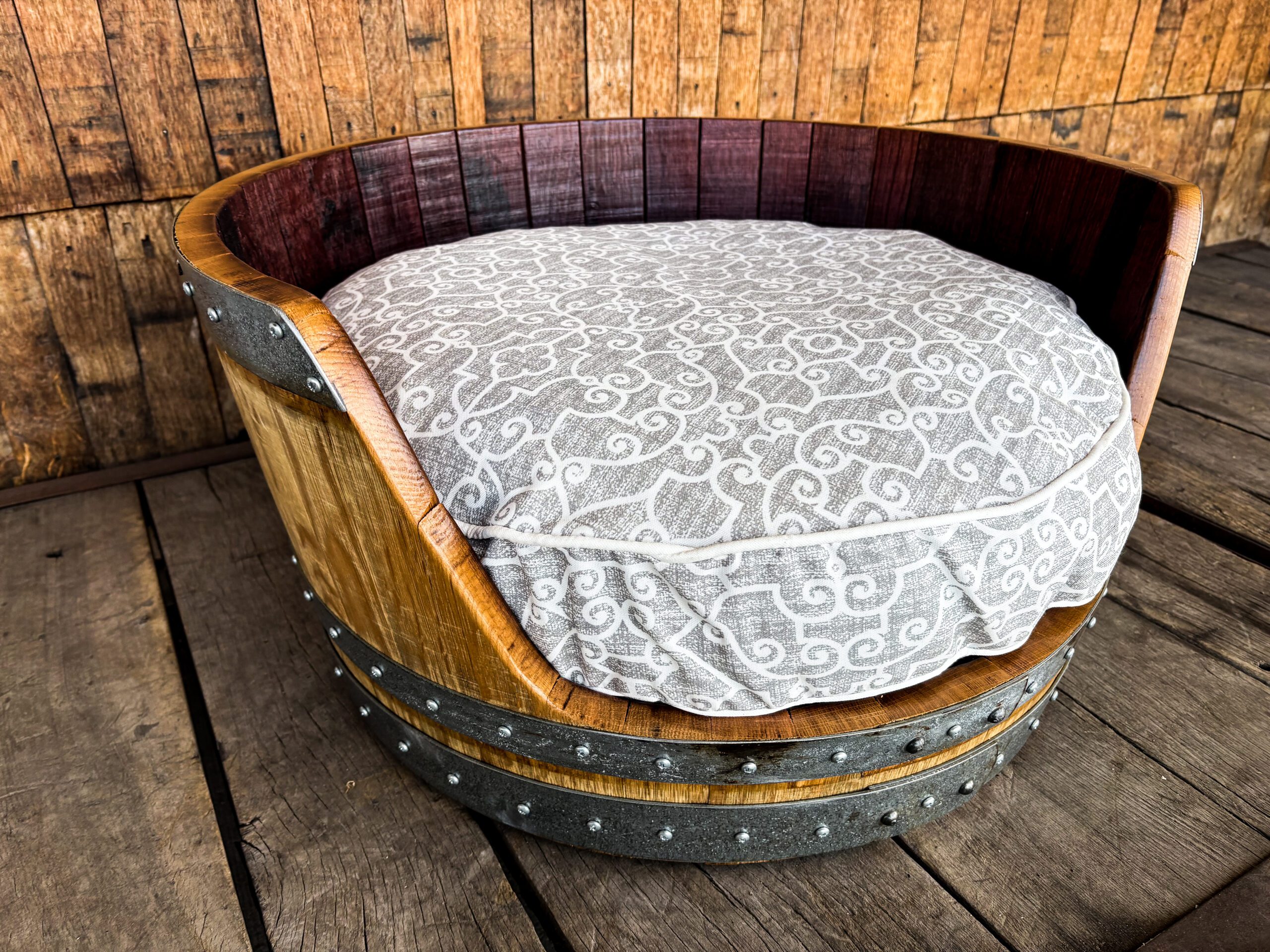Wine Barrel Dog Bed -Gray Swirl - Image 7