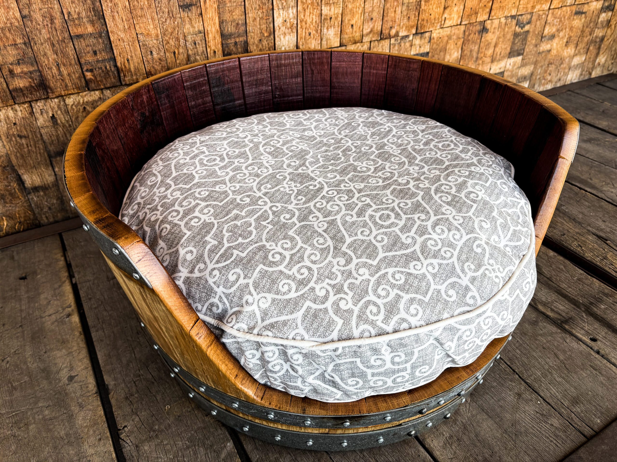 Wine Barrel Dog Bed -Gray Swirl - Image 6